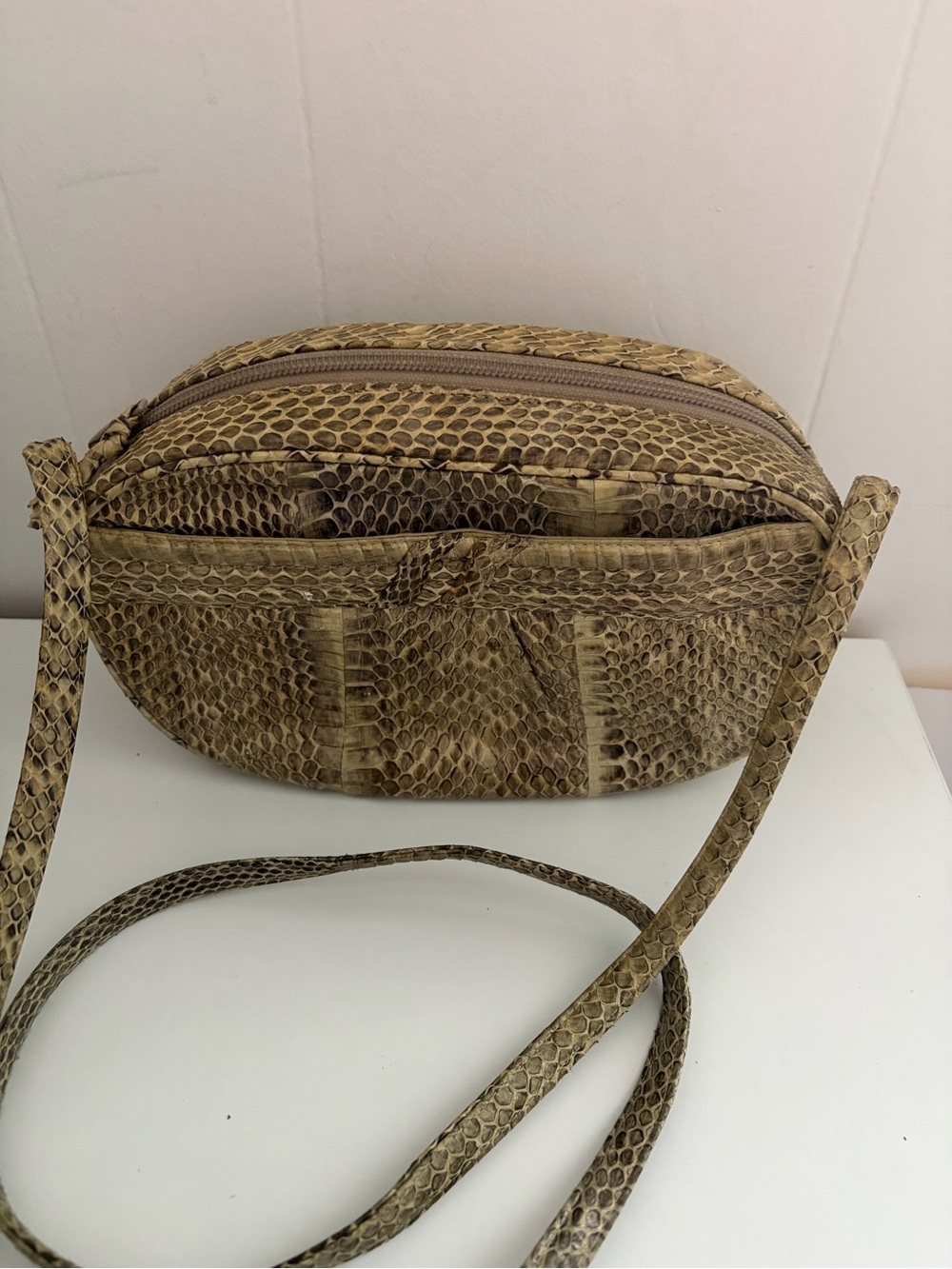 Vintage 80’s Snake-Embossed Taupe Crossbody Bag by MaryAnn Rosenfeld